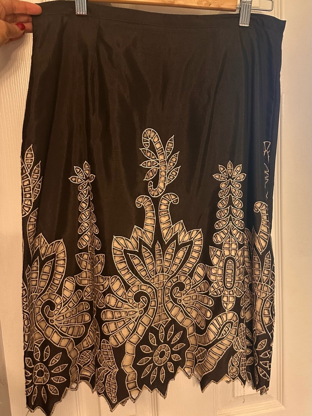 Black A-Line Skirt with Cream Embroidered Hem